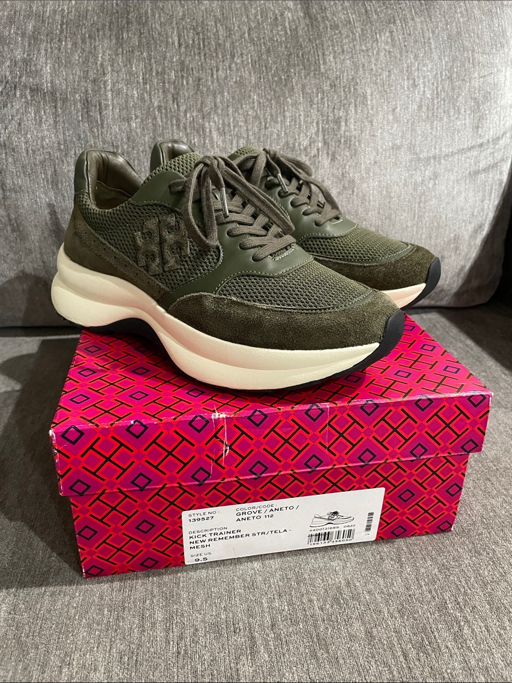 Tory Burch Kick Trainer Chevron Suede Mesh - Grove (Green) Chunky Sneaker 9.5 - Picture 6 of 16